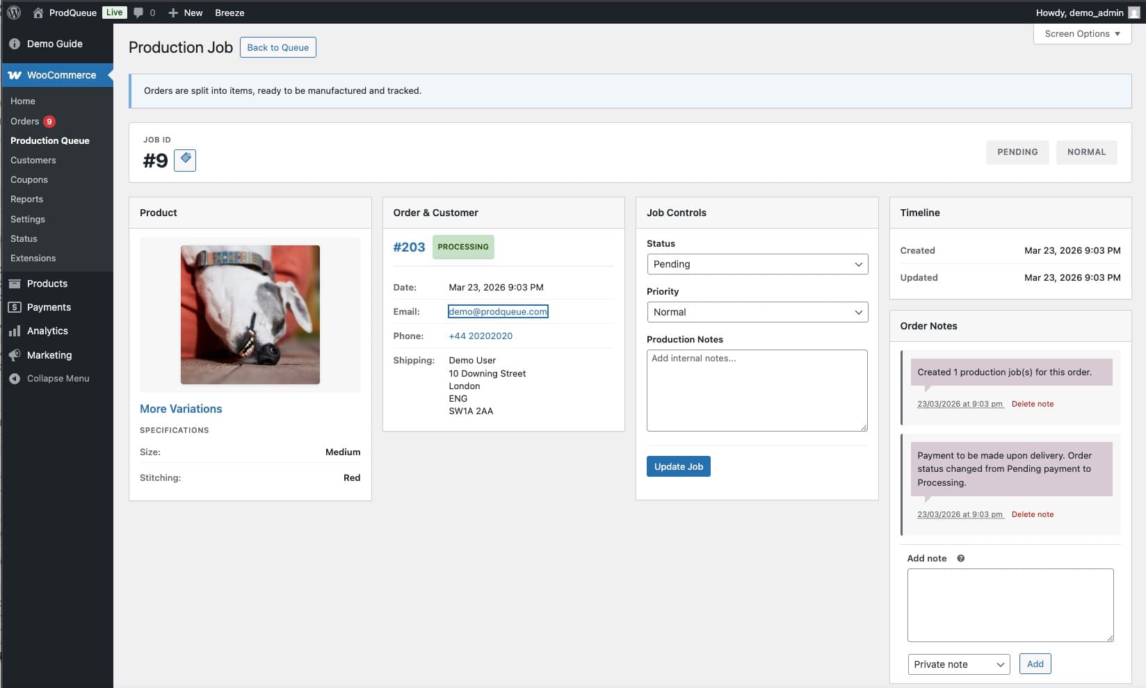 A ProdQueue production job view linked to its WooCommerce order and product