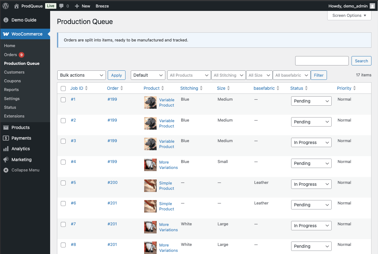 ProdQueue production queue showing individual jobs, priorities, statuses, and product attributes