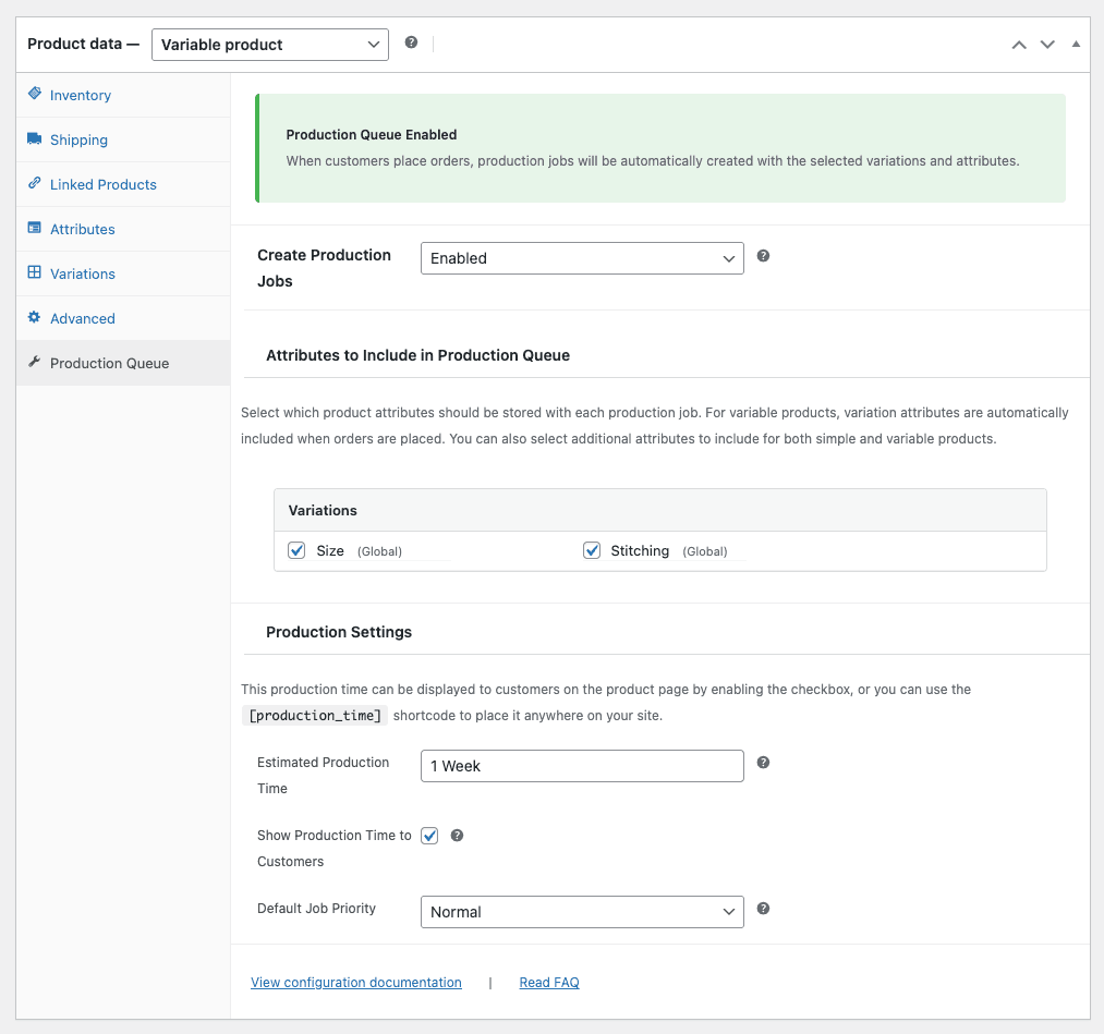 ProdQueue product settings for enabling tracking and choosing production attributes